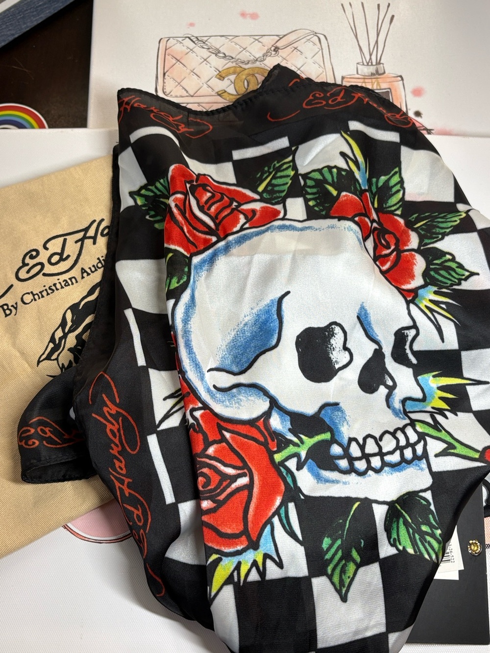 Ed Hardy by Christian Audigier Black Red Checkered Skull Rose Scarf Orange